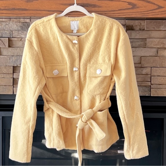 NWOT Joie Belted Double Breasted Evening Jacket Yellow Patch Pockets Size L - Picture 13 of 13
